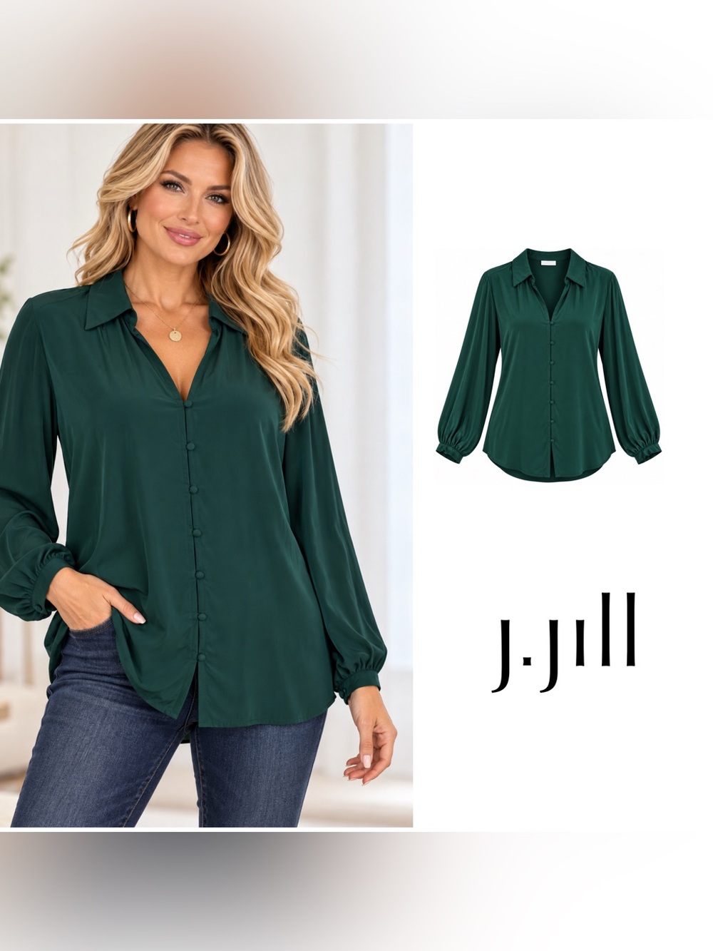 NEW J. Jill Deep Green Button-Front Long Sleeve Blouse